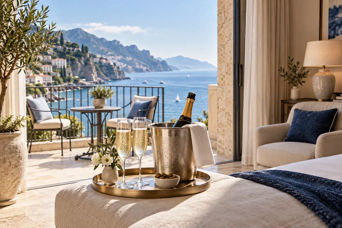 Prosecco servito in camera con vista sul mare